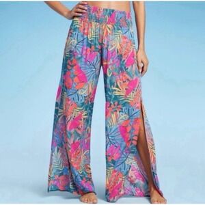 Kona Sol Side Slit Cover Up Pants Womens S Blue Tropical‎ Print Smocked Waist